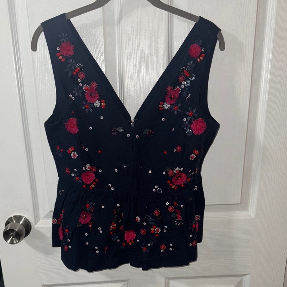 Floral Embroidered and Beaded Sleeveless Top - Navy and Red